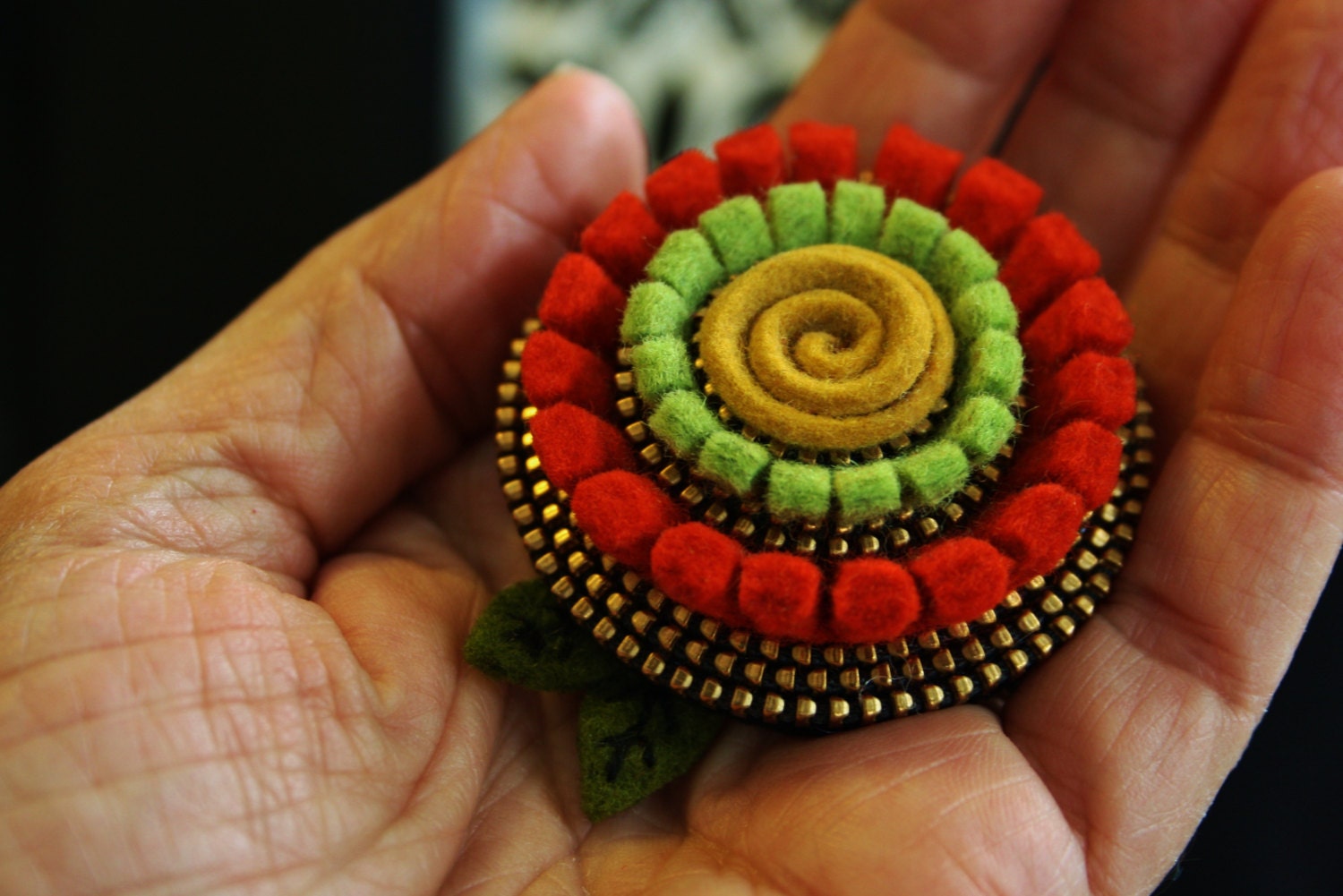 Merino wool felt flower and zipper  brooch