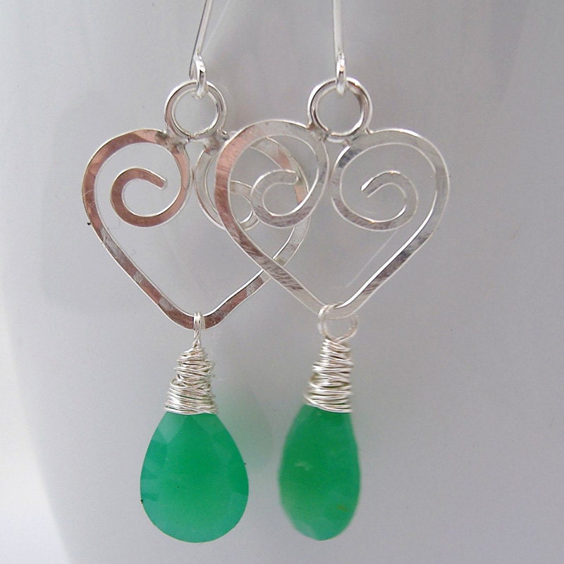 Silver and Chrysoprase Heart dangle earrings, Mint green heart earrings, Silver and gemstone heart earrings, May birthstone earrings