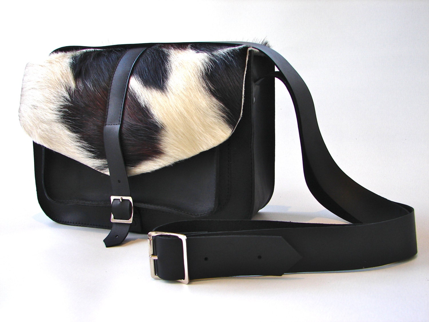 Cow Hide and Leather Satchel - Black and White