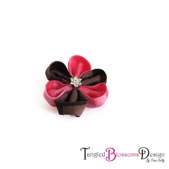 Pink and brown chevron Diamante Kanzashi Flower HairClip No Slip Girl Chic Style Riley Blake Designer Fabric
