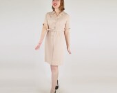 50s Beige Pink Belted Shirt Dress with Tulip Pocket L