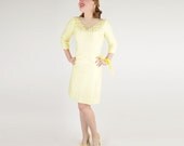 60s Lilli Diamond Yellow Sheath Dress with Illusion, Lace & Rhinestone Neckline S/M