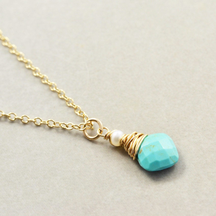 Turquoise Pendant Necklace, Pearl Necklace, December Birthstone Jewelry