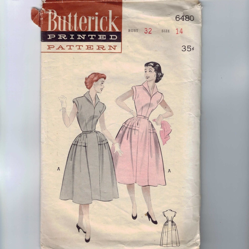 1950s Vintage Sewing Pattern Butterick 6480 Misses Wing Collar Tucked Skirt New Look Dress Size 14 Bust 32 Waist 26 50s