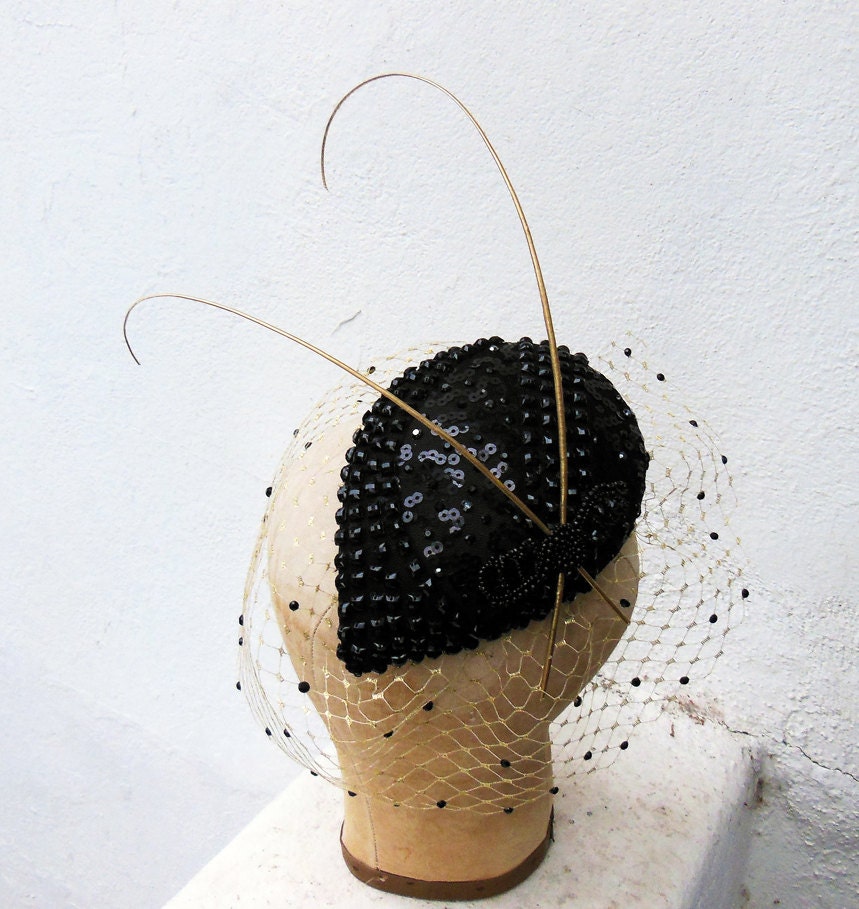 Black Beaded Teardrop Cocktail Hat, Gold Veil, Swarovski Crystal, 1940's High Fashion, Pin Up, Black Fascinator, Batcakes Couture