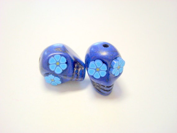 Blue Flower Eyes in Small Day of The Dead Sugar Skull Beads-12mm