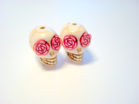 Ivory and Red Rose Eyes in Day of The Dead Sugar Skull Beads-12mm
