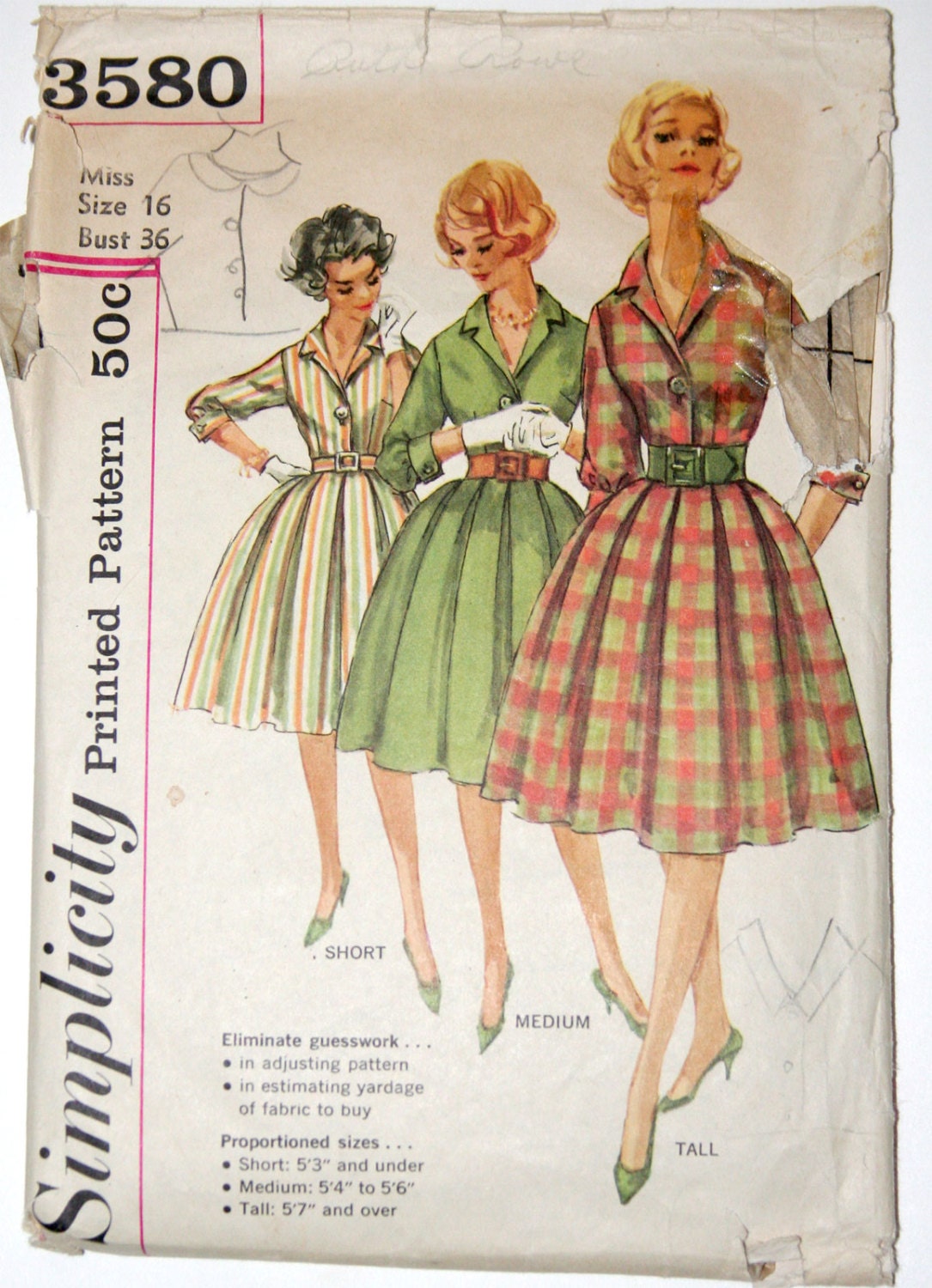 Vintage sewing pattern shirtwaist dress with full pleated skirt 1950s Simplicity 3580 - 36 bust
