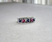 Ruby and Sapphire Ring: Sterling Silver - size 7, five stone mother's ring, rope band, september birthstone, july birthstone, red and blue