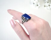 Big Lapis Rectangle Ring: Sterling Silver and Lapis Lazuli - size 7, 16x12mm cabochon stone, December Birthstone, vintage filigree ring