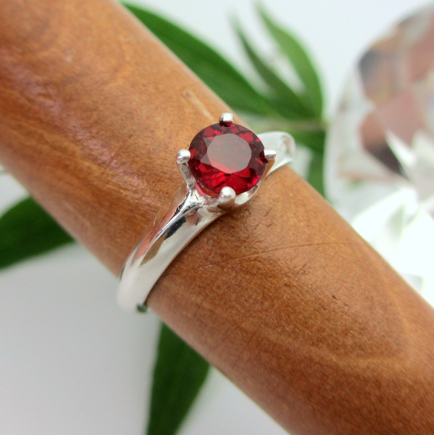 Rubellite Tourmaline Ring in Sterling Silver, Round Faceted Gemstone