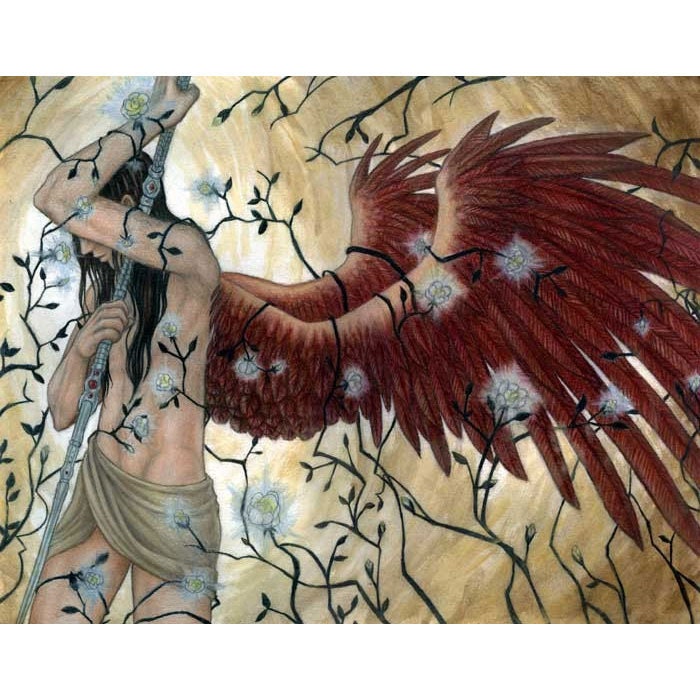 Archangel Uriel with Dark Wings and White Roses Art Print CHOOSE YOUR SIZE