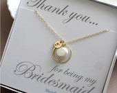 Coin Pearl & Letter Necklace with Hammered Circle and White Coin Pearl drop, Bridesmaid gift, Wedding Party Gift, Sentiment Card, Thank you