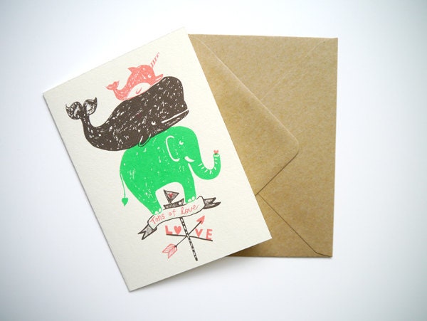 Tons of love- hand printed I Love you, birthday, anniversary, Valentine's Card