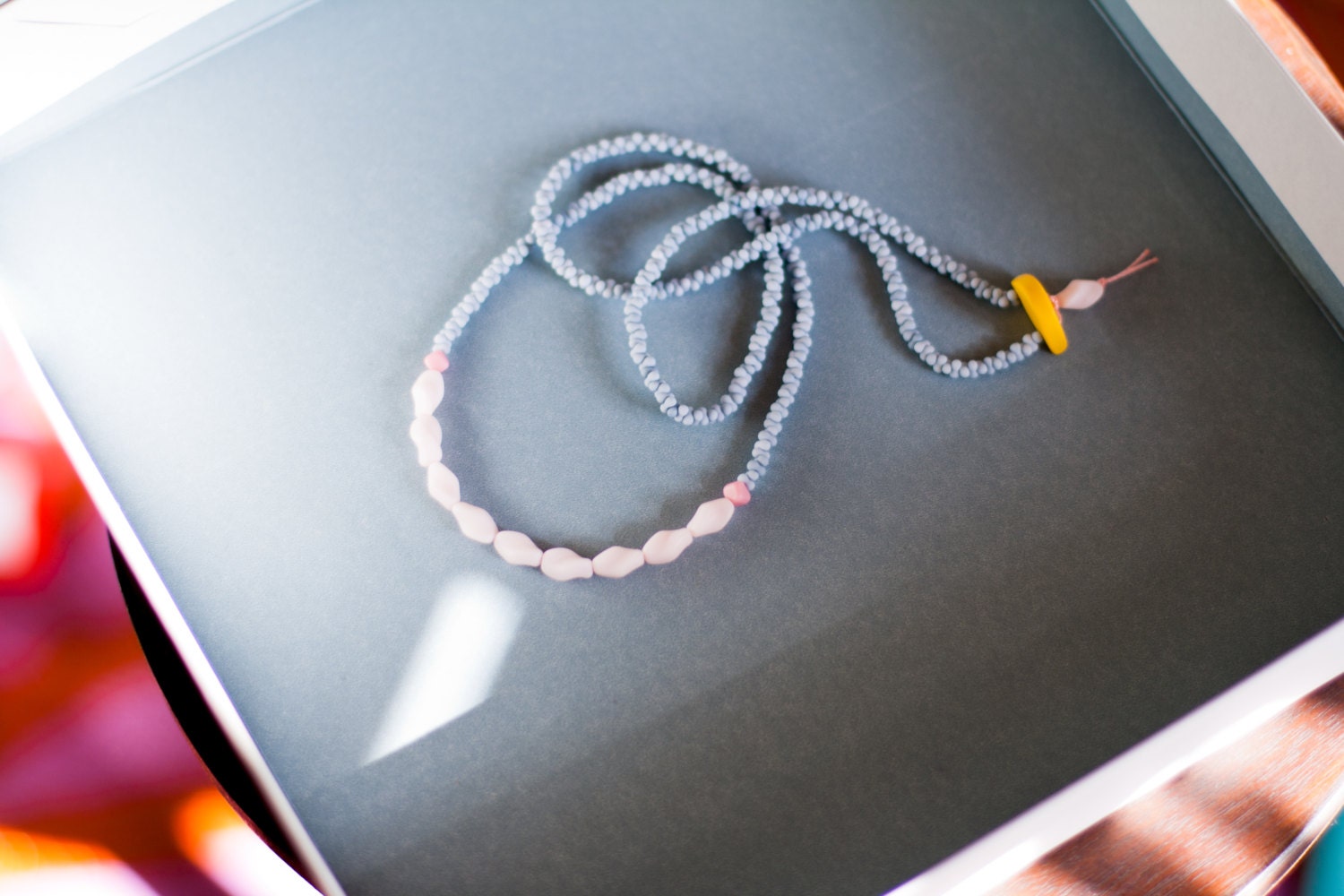 smågodis collection: jordgubb (on powder blue) - a vintage glass beaded necklace by budpnq