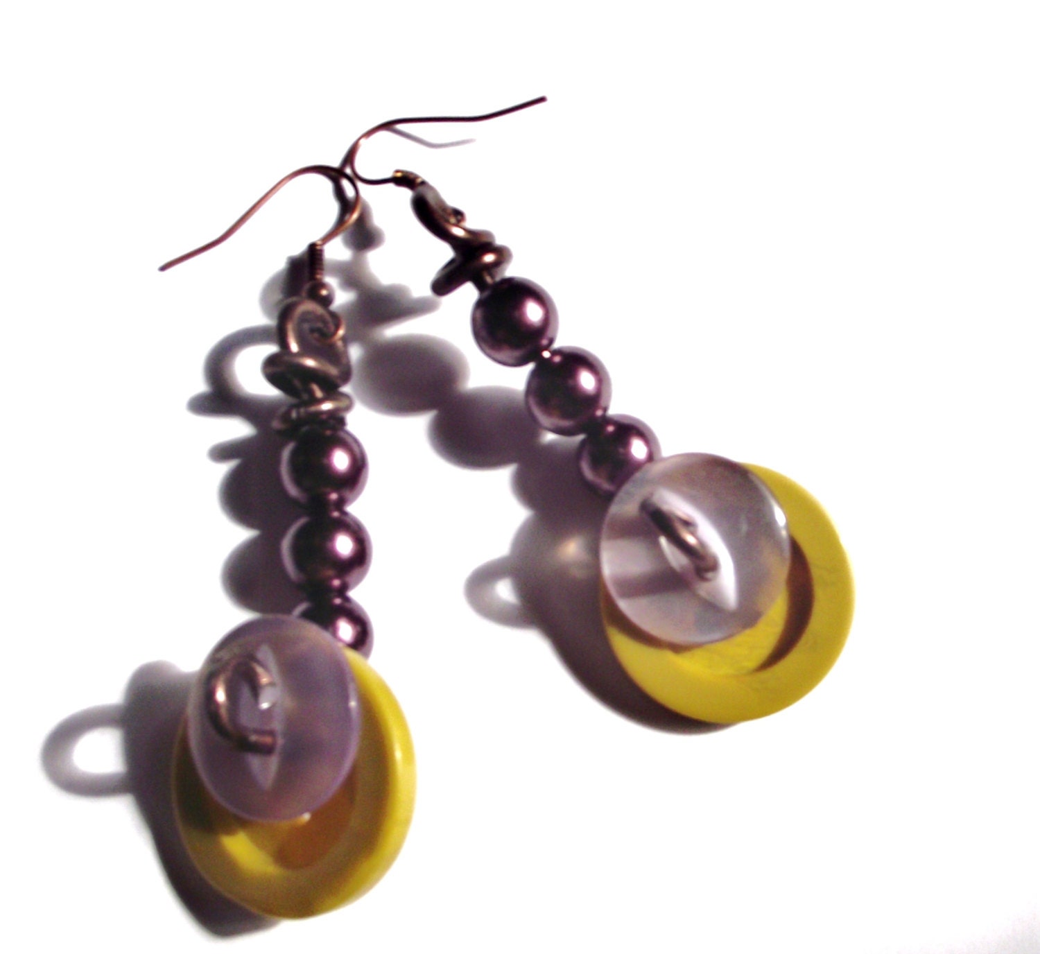 Button earrings unique chocolate brown lilac and chartreuse
