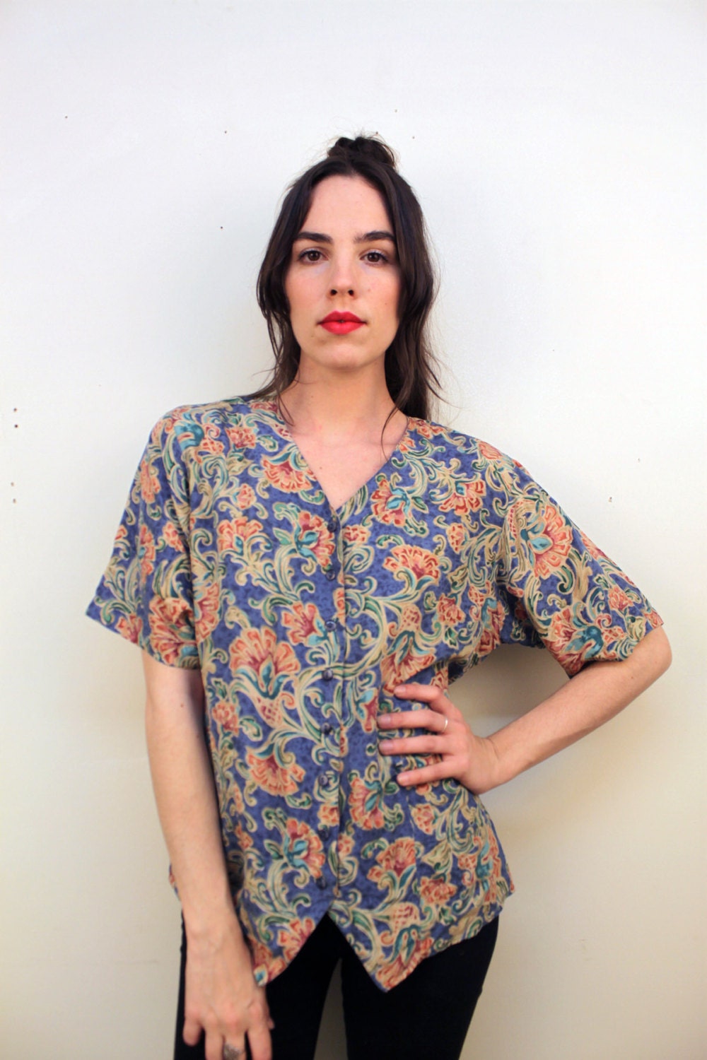 1980s SILK Floral Shirt Size S