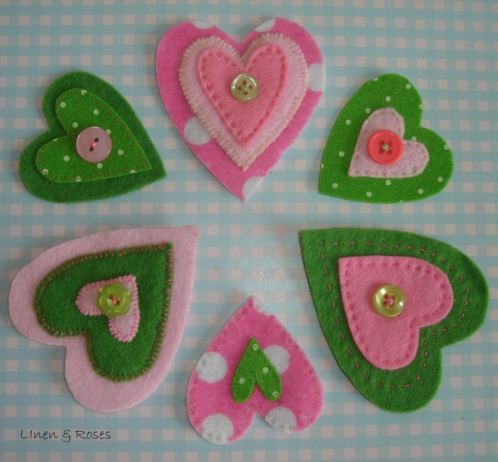 Bright  Pink and Green Felt Heart Decorative Embellishments