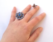 Butterfly flying fom a flower double ring, two finger ring, chain ring, gemstone ring, stacking ring