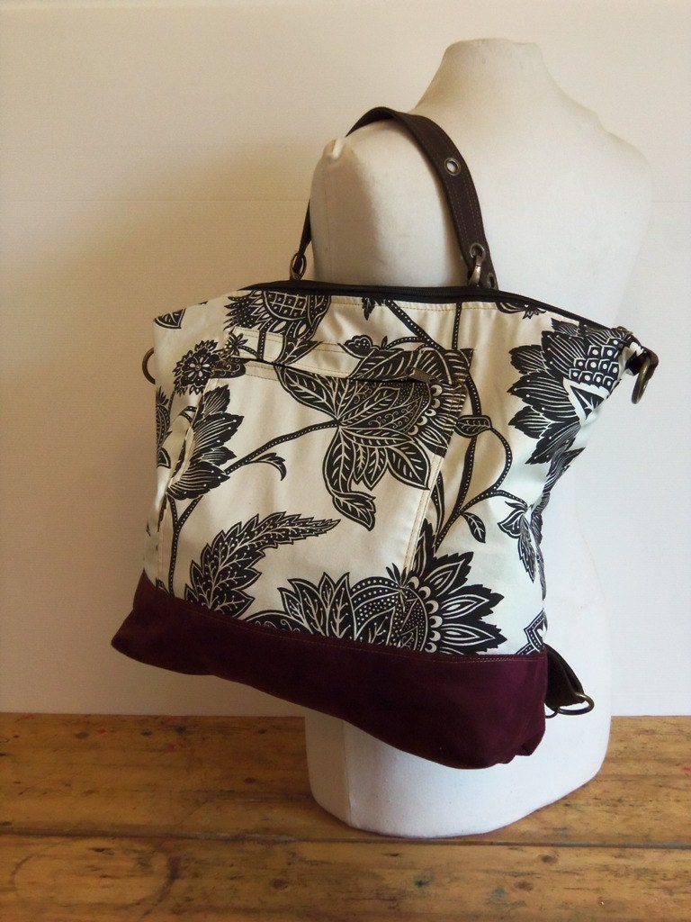 Boho chic Convertibel Diper bag in black & white with burgundy wine vegan suede.