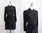 vintage black SILK long sleeve mini dress rounded collar XS S