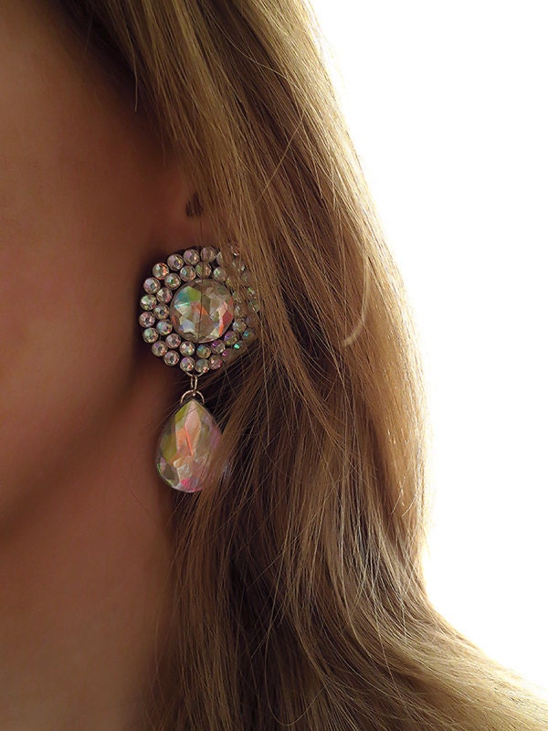 Crystal Aurora Borealis, Dangle, Chandelier, Rhinestone Statement Earrings, Round, Crystal AB Jewels, Light Weight, Fashion Accessory
