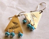 Feathers Leaf Stamped Brass Sterling Silver Turquoise Triangle Dangle Earrings . Rustic Eclectic Southwest Boho Tribal Inspired Jewelry