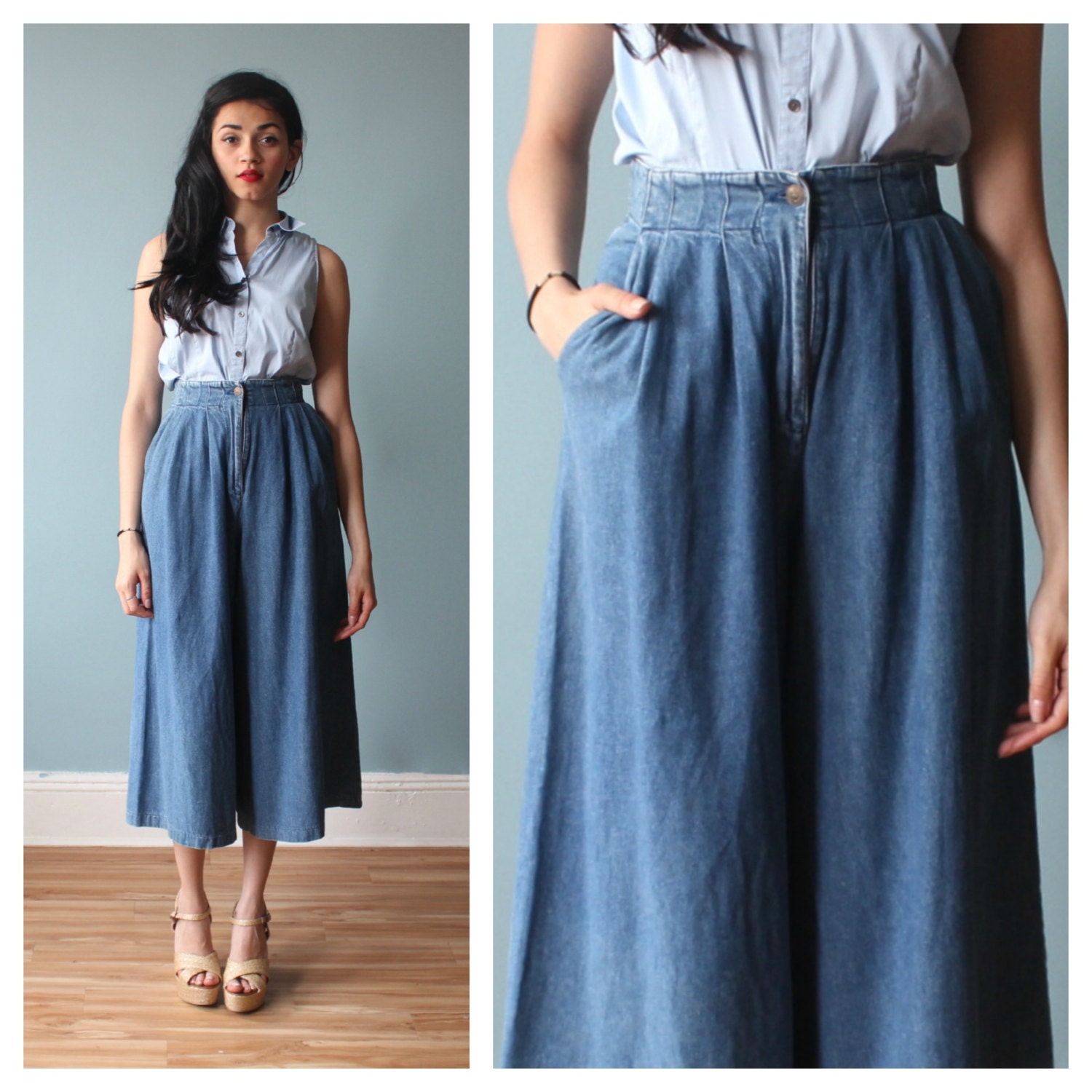 denim culottes / jean skort / 1970s / small