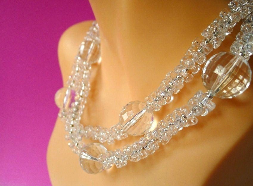 Clear Bead Necklace Chunky Ice Crystal Clear Lucite Disco Ball Beads 36 In. Spring Summer Fashionable Jewelry