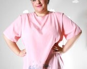 Printed vintage blouse long tunic light pink back zipper pigeon print extra large BARE BOUGHS