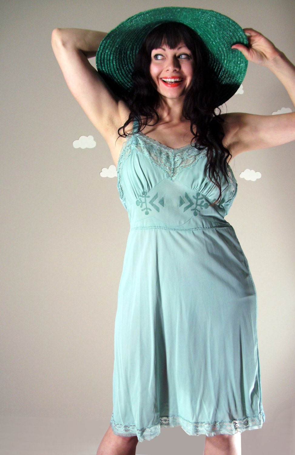 Dip dyed vintage slip with art deco print light teal lace retro large SLIPPING BY