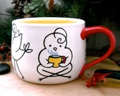Extra Large Soup Bowl, Mug - 29 oz HandMade Painted Bird Wheel Thrown Handled Bowl - Latte, Cappuccino, Coffee, Tea, Cereal Happy Birds Cup