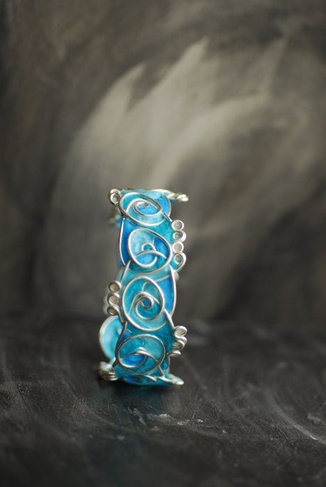 Ocean Surf Bangle in Sterling Silver, Statement Jewelry Wearable Art, Blue Sea Ampersand Design, Crashing Waves Bracelet...