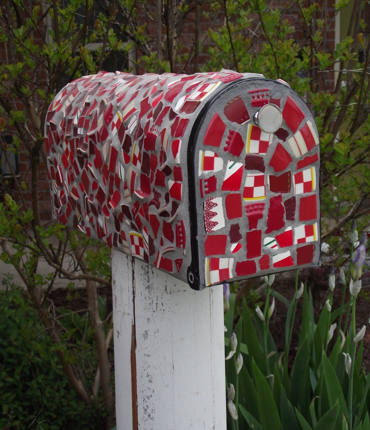 Broken China Mosaic Mailbox - RED Mail Box - One of a Kind Statement Mailbox