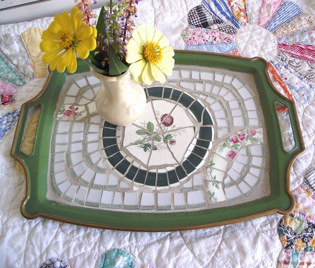 Broken China Mosaic Tray - Vintage Green Toleware with Clover
