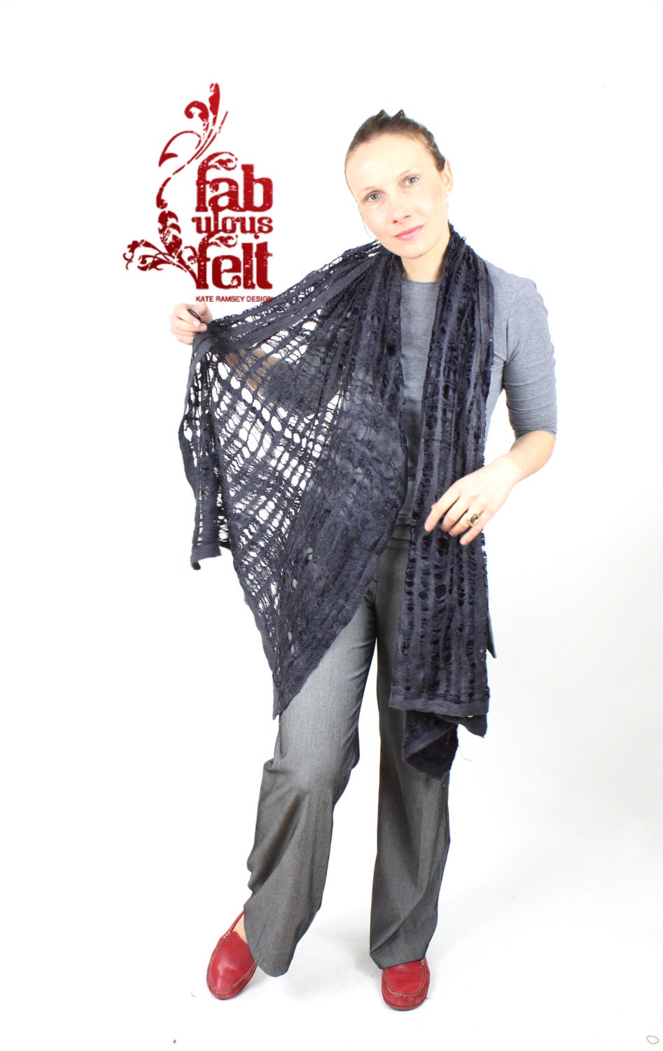Wool silk felted scarf felt scarf Wool silk felted scarf felt black