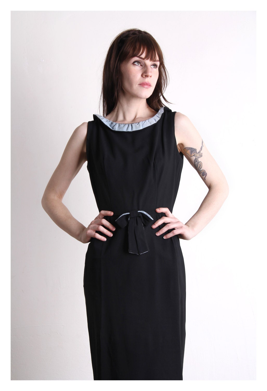 Vintage Dress . Black and Blue . LBD Ruffle, Bow . MOD 60s Shift