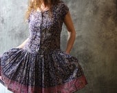 Vintage 1970s Bohemian Hippie India Cotton Dress Twirl Skirt Drop Waist Pockets
