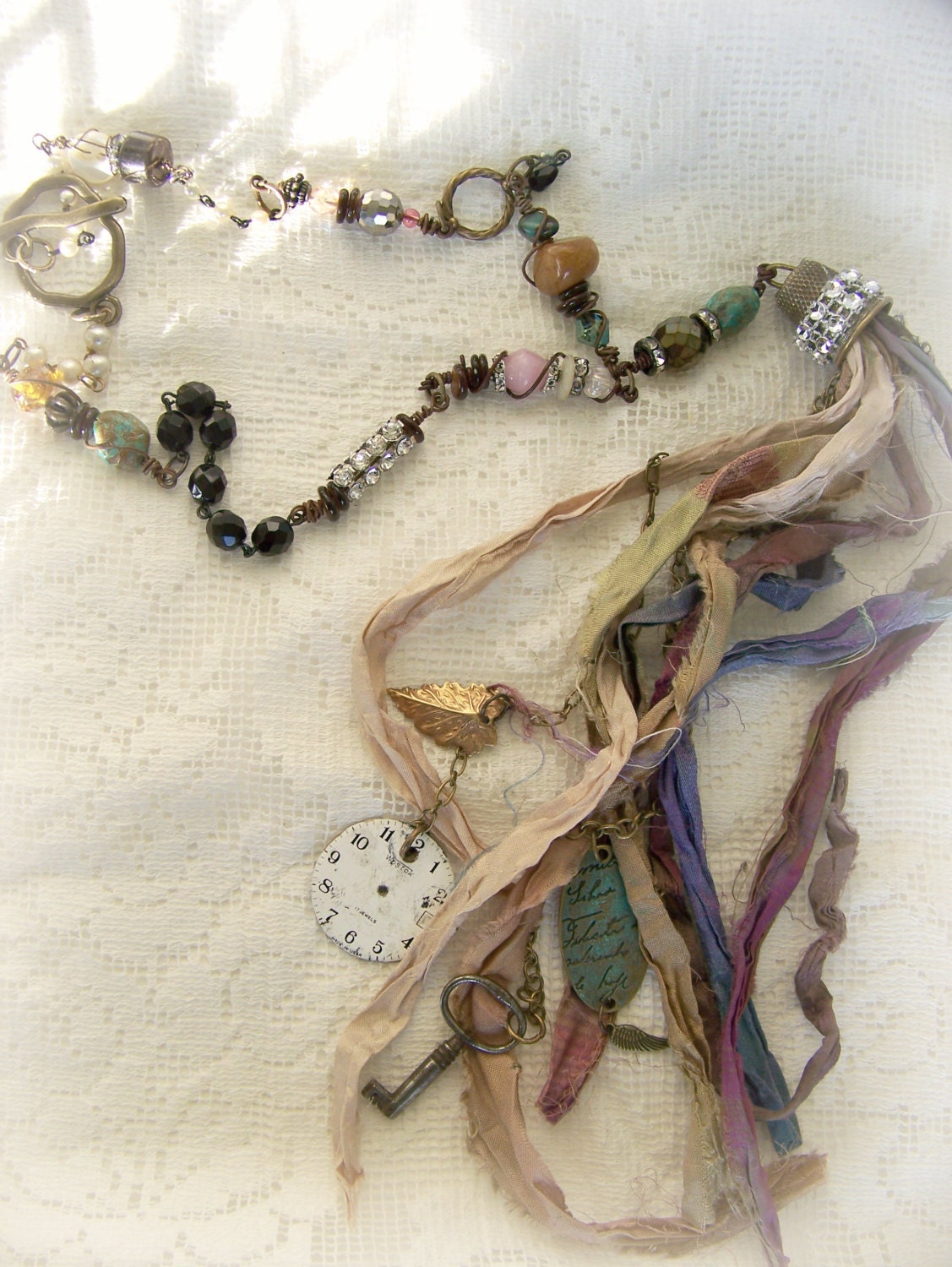 One of a Kind Art Necklace Gypsy Necklace Wire Wrapped Necklace Mixed Media Jewelry Tattered Vintage Necklace Antique Necklace
