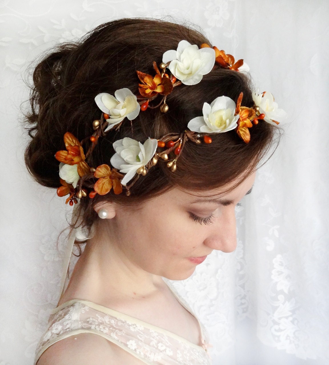 fall wedding flower wreath, autumn hair accessories, gold wedding, ivory head wreath - MIRTH - orange hair accessory