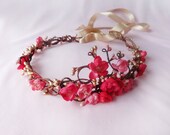 gold pink flower hair accessory, pink flower circlet,  bridal flower halo - FILIGREE HALO -  gold flower girl accessory, bridal head wreath