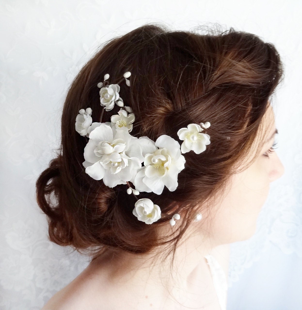 white flower for hair, bridal hair accessories, rustic wedding, cherry blossom hair clip - STARDUST - white wedding flower headpiece