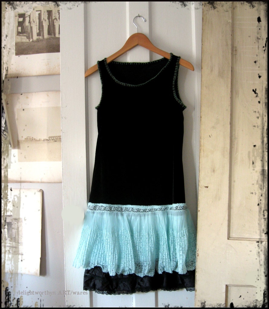 Aqua Lace and Black Velvet Dress