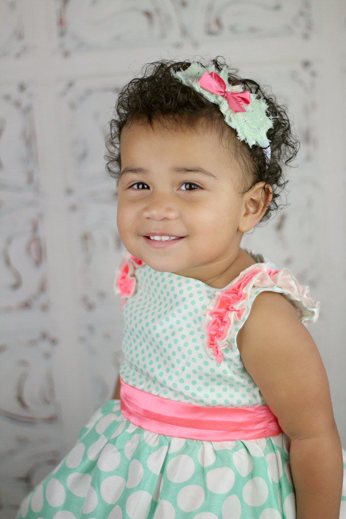 baby headband - fabric headband - mint shabby chic double flower with coral bow and rhinestone embellishment on white elastic