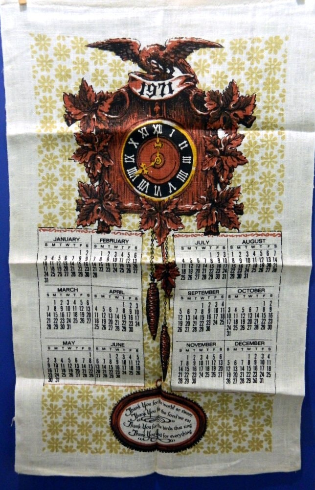 Vintage Cuckoo Clock Linen Kitchen Tea Towel 1971 Calendar Banner Wall Hanging