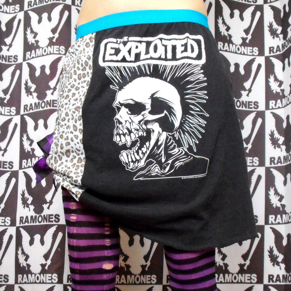 The Exploited Reconstructed T Shirt Skirt with Pocket Blue Leopard Print and Black Size M