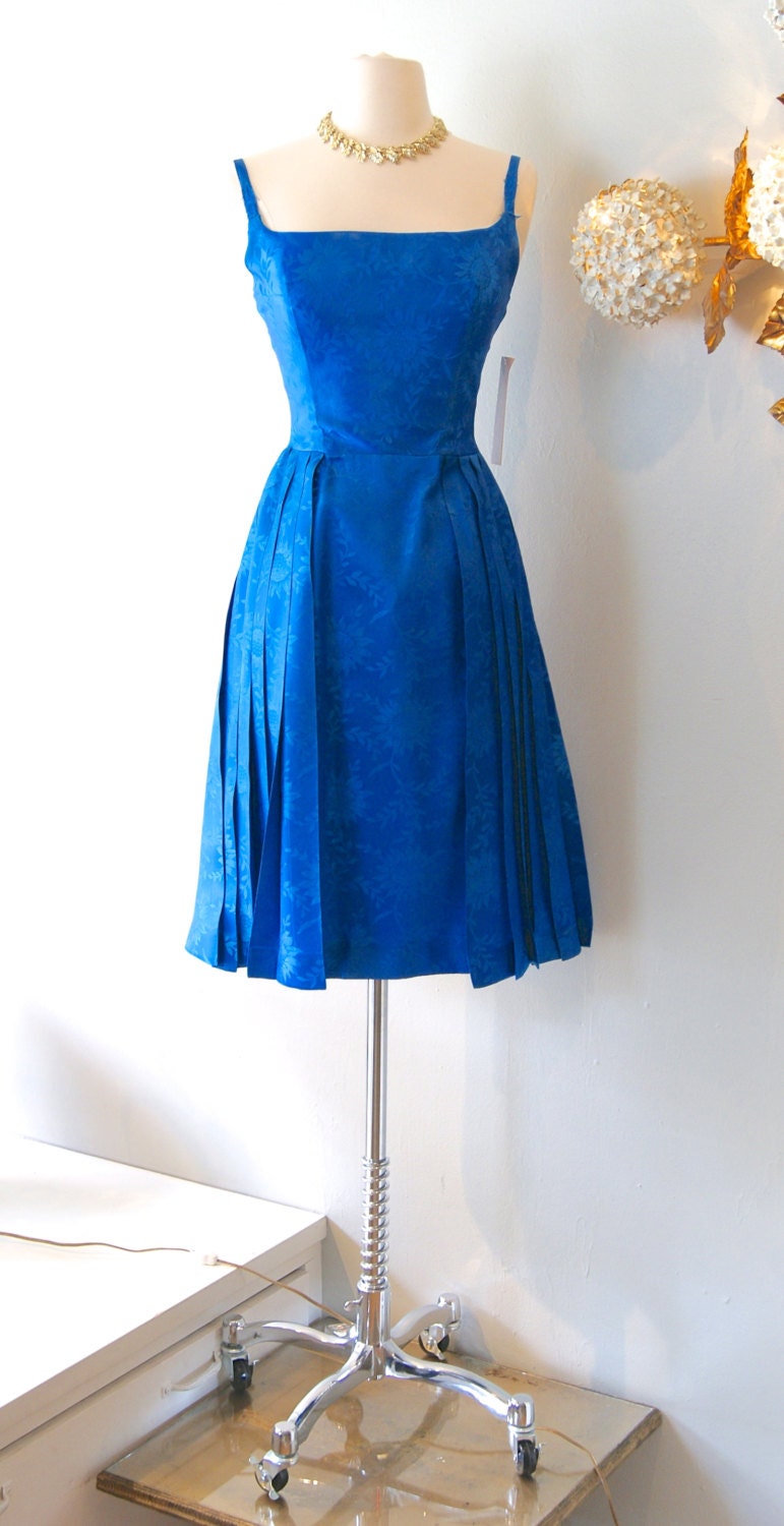 60s Dress // Vintage 1960s Royal Blue Pleated Party Dress XS