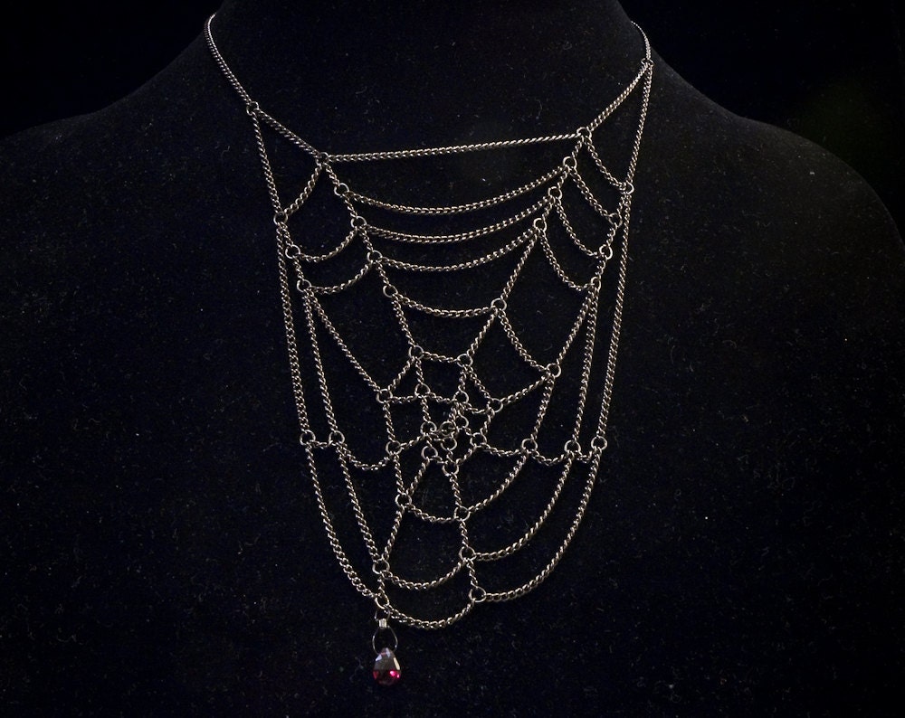chain spiderweb & blood red garnet teardrop // gunmetal toned chain statement necklace w/ gemstone briolette