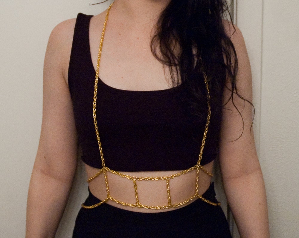 caged body chain with gold toned pretzel chain // nickel free