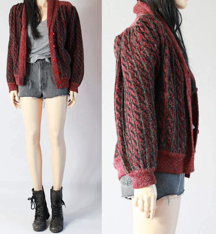 vintage 80s maroon and metallic CHUNKY CARDIGAN SWEATER s/m/l
